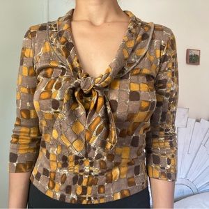 Y2K Playful Tie-Neck Square Abstract Print Blouse